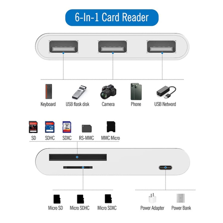 6 in 1 8 Pin Male to 3 USB + TF / SD Card Slot + 8 Pin Power Female Adapter - Converter & Adapter by PMC TechLife | Online Shopping South Africa | PMC TechLife