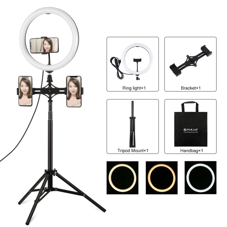 PULUZ 11.8 inch 30cm Light + 1.65m Tripod + Dual Phone Bracket Curved Surface USB 3 Modes Dimmable Dual Color Temperature LED Ring Vlogging Video Light  Live Broadcast Kits with Phone Clamp(Black) - free shipping - PMC TechLife - Order now!
