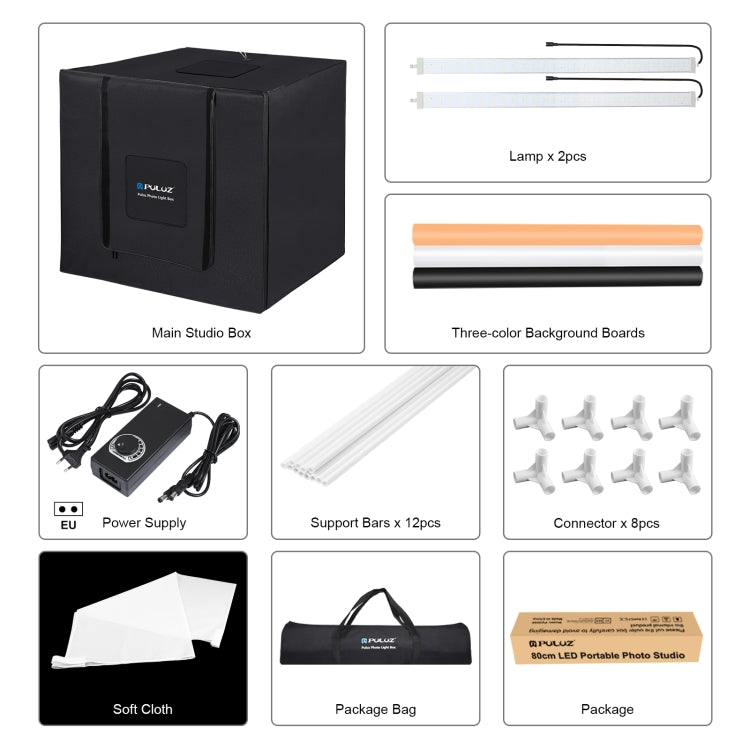 PULUZ 80cm Folding Portable 80W 9050LM White Light Photo Lighting Studio Shooting Tent Box Kit with 3 Colors (Black, White, Orange) Backdrops(EU Plug) - free shipping - PMC TechLife - Order now!