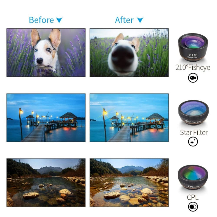 APEXEL APL-DG6V2 6 in 1 Universal External 2X Telephone+210 Degrees Fisheye+15X Macro+120 degree Wide-angle+CPL+Star Filter Lens - Combination Lens by APEXEL | Online Shopping South Africa | PMC TechLife