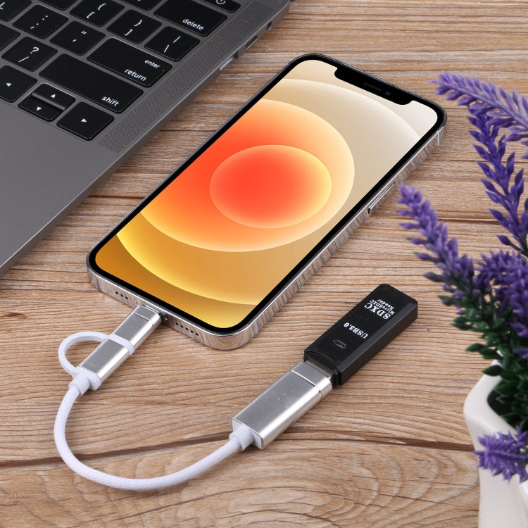 USB 3.0 Female to 8 Pin + USB-C / Type-C Male Charging + Transmission OTG Nylon Braided Adapter Cable, Cable Length: 11cm(Silver + White) - Converter & Adapter by PMC TechLife | Online Shopping South Africa | PMC TechLife