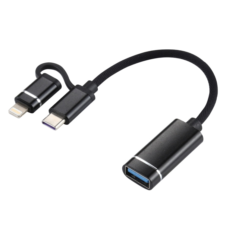 USB 3.0 Female to 8 Pin + USB-C / Type-C Male Charging + Transmission OTG Nylon Braided Adapter Cable, Cable Length: 11cm(Black) - Converter & Adapter by PMC TechLife | Online Shopping South Africa | PMC TechLife
