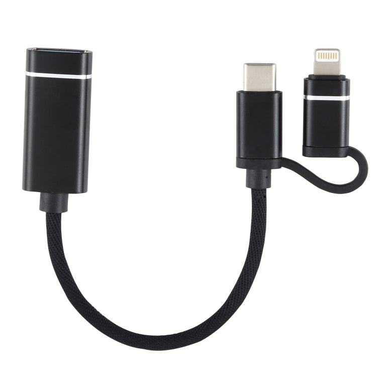 USB 3.0 Female to 8 Pin + USB-C / Type-C Male Charging + Transmission OTG Nylon Braided Adapter Cable, Cable Length: 11cm(Black) - Converter & Adapter by PMC TechLife | Online Shopping South Africa | PMC TechLife