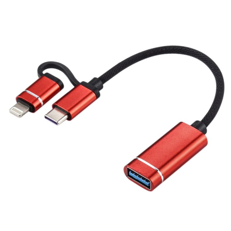 USB 3.0 Female to 8 Pin + USB-C / Type-C Male Charging + Transmission OTG Nylon Braided Adapter Cable, Cable Length: 11cm(Red) - Converter & Adapter by PMC TechLife | Online Shopping South Africa | PMC TechLife