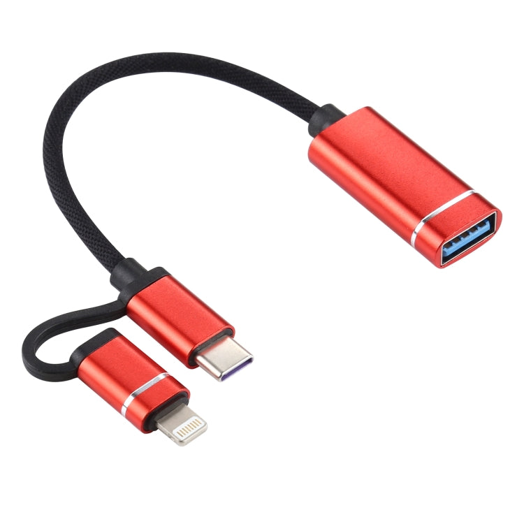 USB 3.0 Female to 8 Pin + USB-C / Type-C Male Charging + Transmission OTG Nylon Braided Adapter Cable, Cable Length: 11cm(Red) - Converter & Adapter by PMC TechLife | Online Shopping South Africa | PMC TechLife