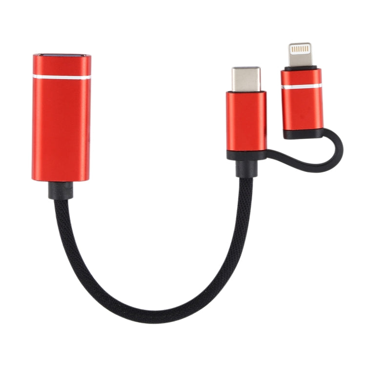 USB 3.0 Female to 8 Pin + USB-C / Type-C Male Charging + Transmission OTG Nylon Braided Adapter Cable, Cable Length: 11cm(Red) - Converter & Adapter by PMC TechLife | Online Shopping South Africa | PMC TechLife