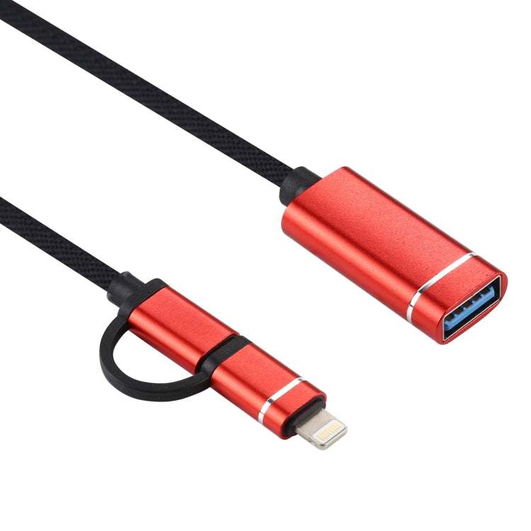 USB 3.0 Female to 8 Pin + USB-C / Type-C Male Charging + Transmission OTG Nylon Braided Adapter Cable, Cable Length: 11cm(Red) - Converter & Adapter by PMC TechLife | Online Shopping South Africa | PMC TechLife