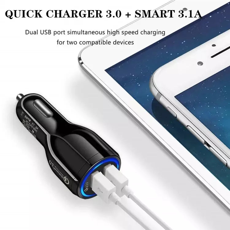 Qc3.0 Dual USB Car Charger + 8 Pin Fast Charging Line Car Charging Kit(Black) - Car Charger by PMC TechLife | Online Shopping South Africa | PMC TechLife