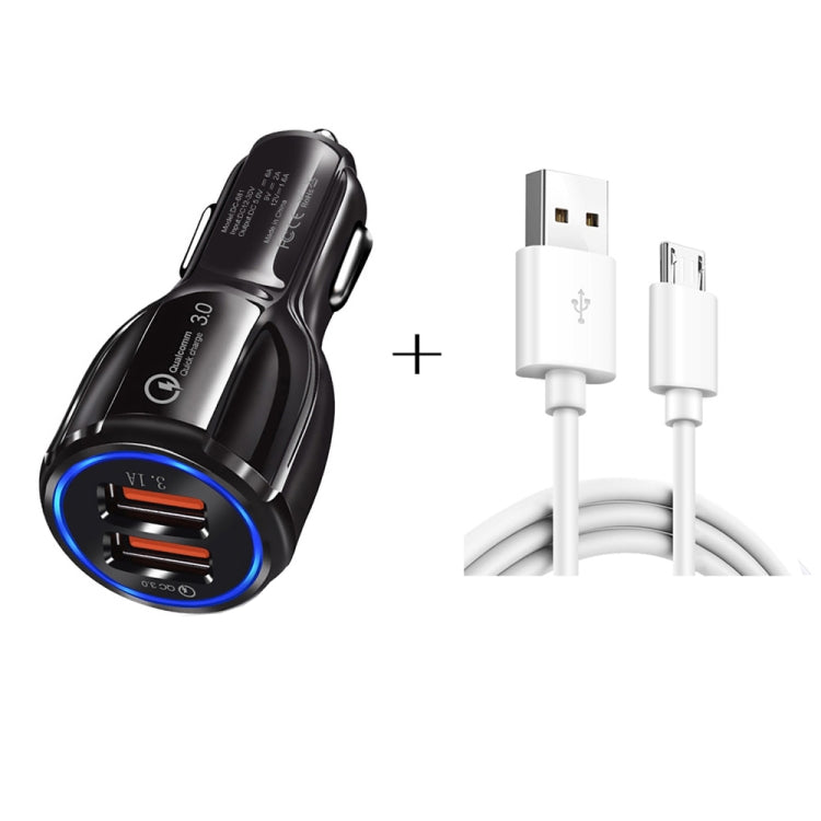 Qc3.0 Dual USB Car Charger + Micro USB Fast Charging Cable Car Charging Kit(Black) - Car Charger by PMC TechLife | Online Shopping South Africa | PMC TechLife
