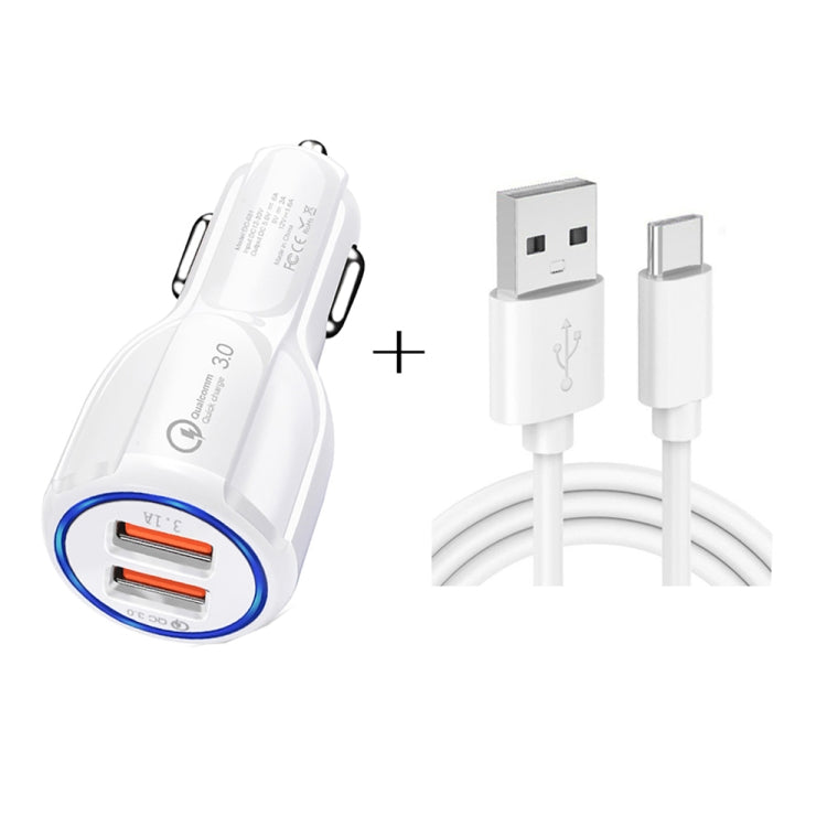 LZ-681 QC3.0 Dual USB Car Charging + Type-C Fast Charging Cable Car Charging Kit(White) - Car Charger by PMC TechLife | Online Shopping South Africa | PMC TechLife