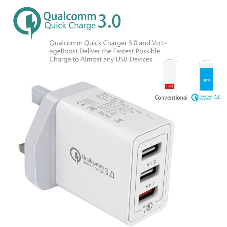 SDC-30W 2 in 1 USB to USB-C / Type-C Data Cable + 30W QC 3.0 USB + 2.4A Dual USB 2.0 Ports Mobile Phone Tablet PC Universal Quick Charger Travel Charger Set, UK Plug - USB Charger by PMC TechLife | Online Shopping South Africa | PMC TechLife