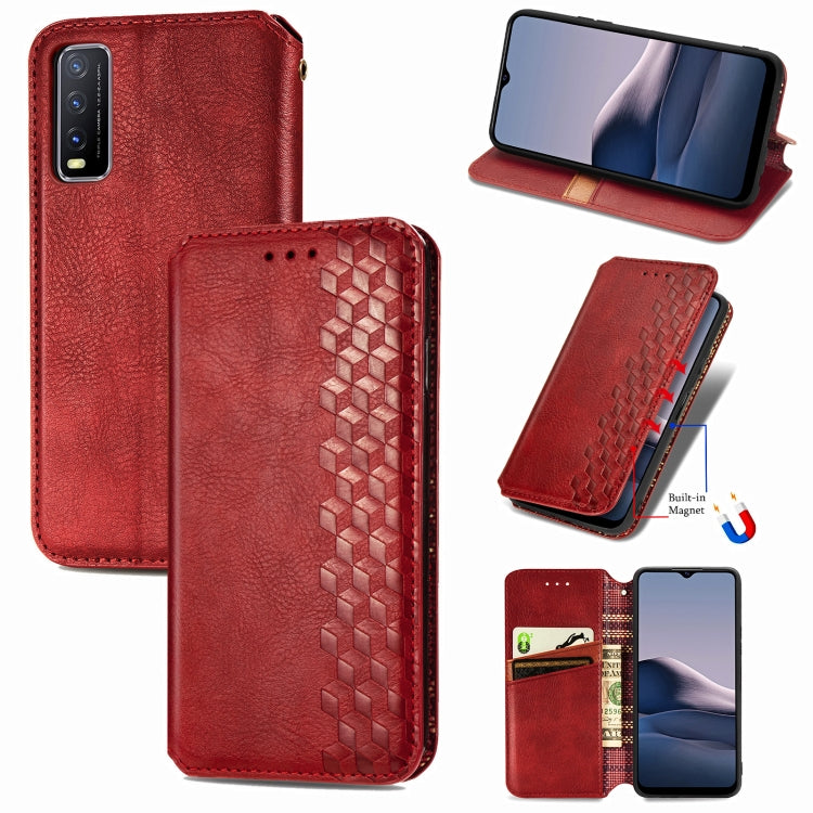 For vivo Y20 Cubic Grid Pressed Horizontal Flip Magnetic PU Leather Case with Holder & Card Slots & Wallet(Red) - free shipping - PMC TechLife - Order now!