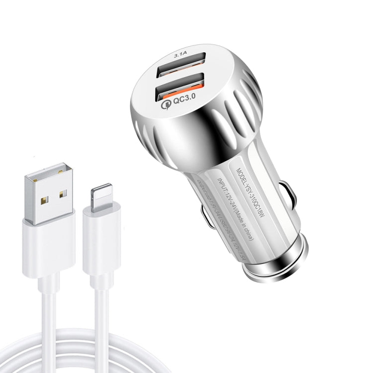 YSY-310QC18W QC3.0 Dual Port USB Car Charger + 3A USB to 8 Pin Data Cable, Cable Length: 1m(White) - Car Charger by PMC TechLife | Online Shopping South Africa | PMC TechLife