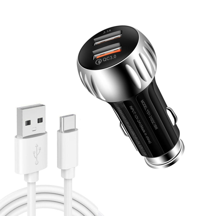 YSY-310QC18W QC3.0 Dual Port USB Car Charger + 3A USB to USB-C / Type-C Data Cable, Cable Length: 1m(Black) - Car Charger by PMC TechLife | Online Shopping South Africa | PMC TechLife