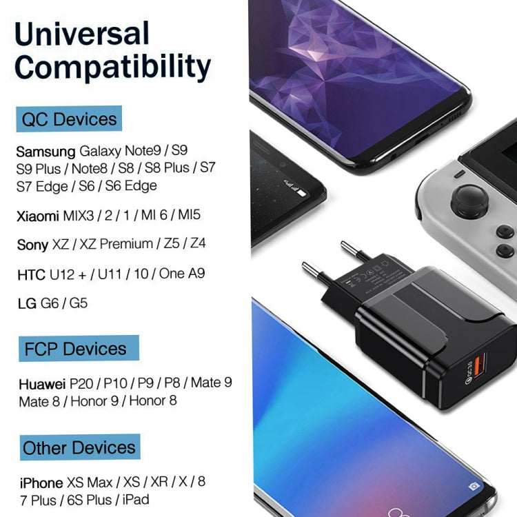 LZ-023 18W QC 3.0 USB Portable Travel Charger + 3A USB to Micro USB Data Cable, EU Plug(Black) - free shipping - PMC TechLife - Order now!