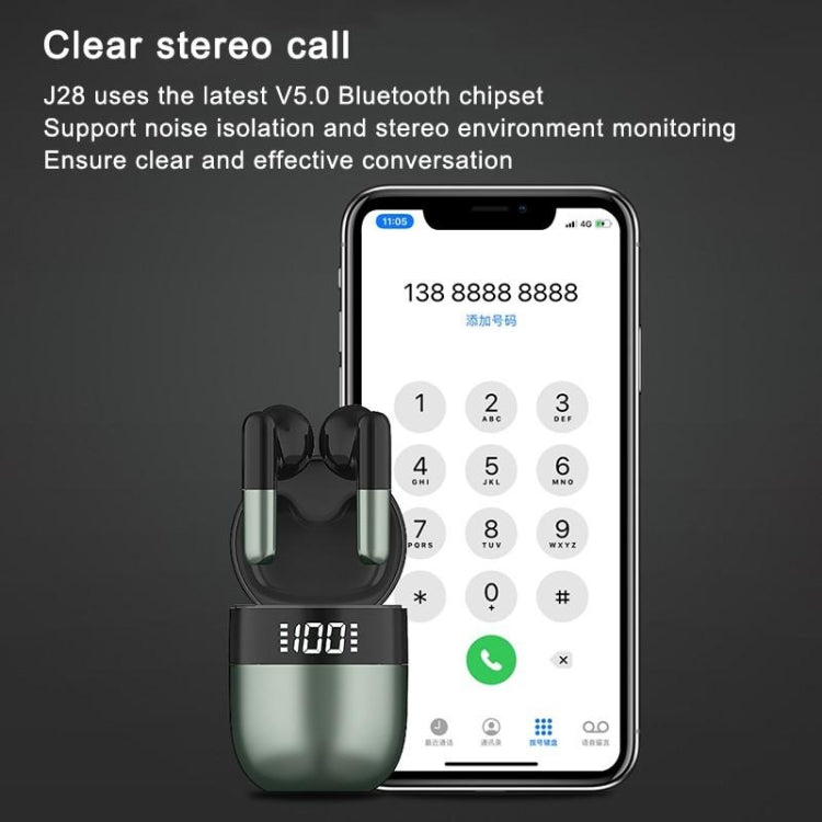 J28 TWS Wireless Bluetooth Earphones LED Digital Display HIFI Music Sport Earphone(Green) - TWS Earphone by PMC TechLife | Online Shopping South Africa | PMC TechLife