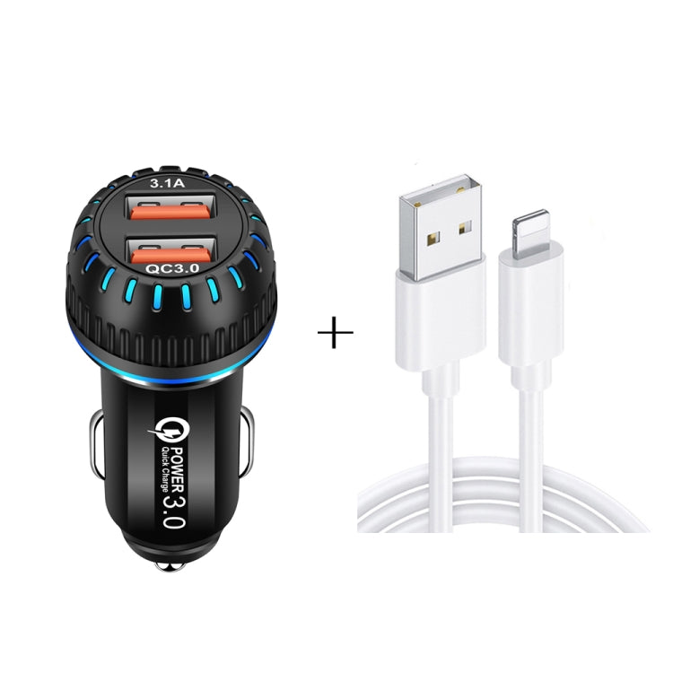 YSY-349 QC3.0 Dual Port USB Car Charger + 3A USB to 8 Pin Data Cable, Length: 1m(Black) - Car Charger by PMC TechLife | Online Shopping South Africa | PMC TechLife