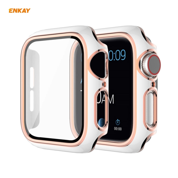 ENKAY Hat-Prince Full Coverage Electroplated PC Case + Tempered Glass Protector for Apple Watch Series 6 / 5 / 4 / SE 40mm(White+Champagne) - Watch Cases by ENKAY | Online Shopping South Africa | PMC TechLife | Buy Now Pay Later Mobicred