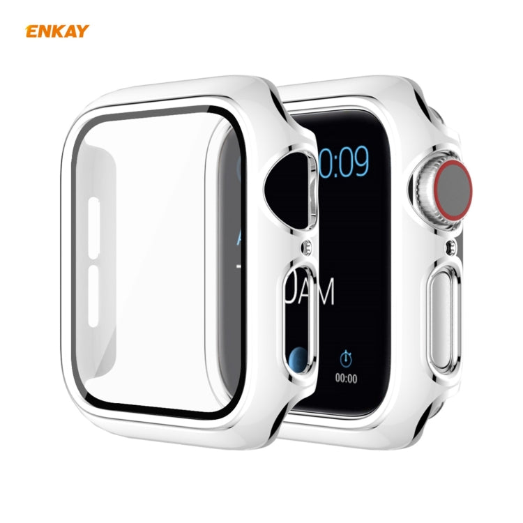 ENKAY Hat-Prince Full Coverage Electroplated PC Case + Tempered Glass Protector for Apple Watch Series 6 / 5 / 4 / SE 44mm(White+Silver) - Watch Cases by ENKAY | Online Shopping South Africa | PMC TechLife | Buy Now Pay Later Mobicred