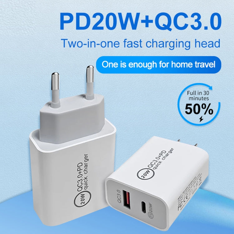 20W PD Type-C + QC 3.0 USB Interface Fast Charging Travel Charger with USB to 8 Pin Fast Charge Data Cable EU Plug - USB Charger by PMC TechLife | Online Shopping South Africa | PMC TechLife