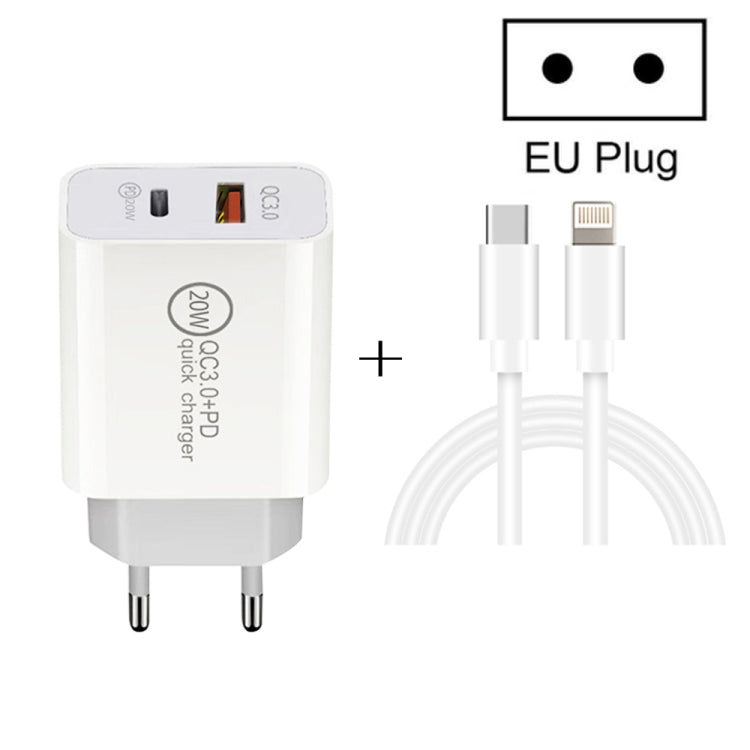 20W PD Type-C + QC 3.0 USB Interface Fast Charging Travel Charger with USB-C / Type-C to 8 Pin Fast Charge Data Cable EU Plug - USB Charger by PMC TechLife | Online Shopping South Africa | PMC TechLife | Buy Now Pay Later Mobicred