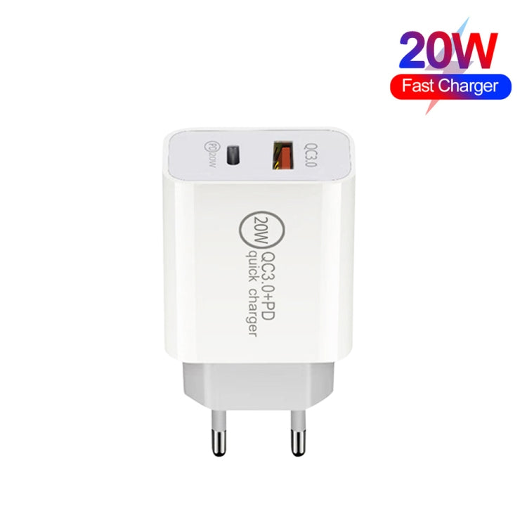 20W PD Type-C + QC 3.0 USB Interface Fast Charging Travel Charger with USB-C / Type-C to 8 Pin Fast Charge Data Cable EU Plug - USB Charger by PMC TechLife | Online Shopping South Africa | PMC TechLife | Buy Now Pay Later Mobicred