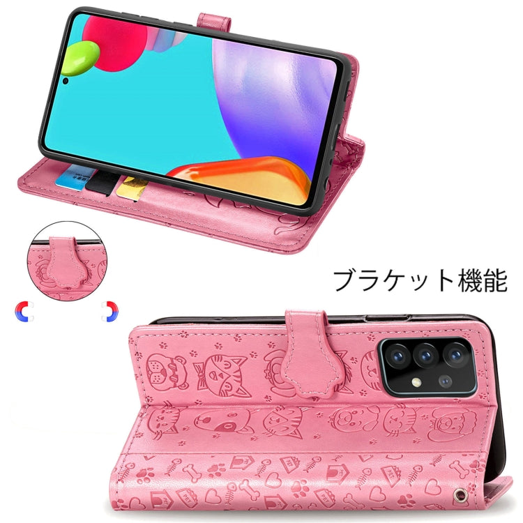 For Samsung Galaxy A52 5G/4G Cute Cat and Dog Embossed Horizontal Flip Leather Case with Holder & Card Slots & Wallet & Crossbody Lanyard & Card Cover(Pink) - Galaxy Phone Cases by PMC TechLife | Online Shopping South Africa | PMC TechLife