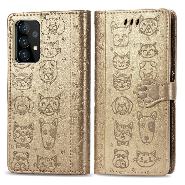 For Samsung Galaxy A52 5G/4G Cute Cat and Dog Embossed Horizontal Flip Leather Case with Holder & Card Slots & Wallet & Crossbody Lanyard & Card Cover(Gold) - Galaxy Phone Cases by PMC TechLife | Online Shopping South Africa | PMC TechLife