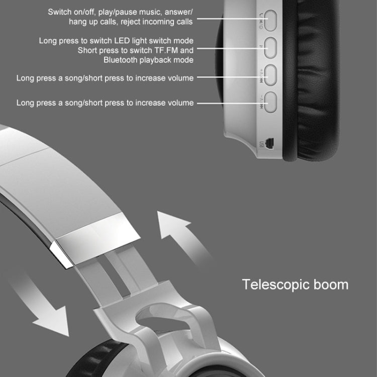 BD01 Colorful LED Bluetooth 5.0 Headphones Foldable Wireless HiFi Stereo Headset with Mic, Support TF Card / 3.5mm AUX(White) - Headset & Headphone by PMC TechLife | Online Shopping South Africa | PMC TechLife