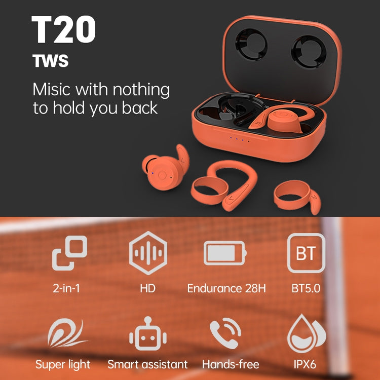 T20 TWS Bluetooth Hooks Wireless Sports Headphones with Charging Box IPX6 Waterproof Noise-cancelling Earphones(Orange) - Bluetooth Earphone by PMC TechLife | Online Shopping South Africa | PMC TechLife
