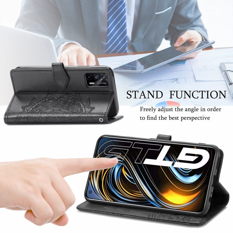 For OPPO Realme GT 5G / Realme Q3 Pro 5G Mandala Flower Embossed Horizontal Flip Leather Case with Holder & Three Card Slots & Wallet & Lanyard(Black) - free shipping - PMC TechLife - Order now!