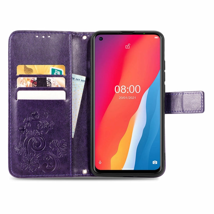 For Ulefone Note 11 Plus Four-leaf Clasp Embossed Buckle Mobile Phone Protection Leather Case with Lanyard & Card Slot & Wallet & Bracket Function(Purple) - free shipping - PMC TechLife - Order now!