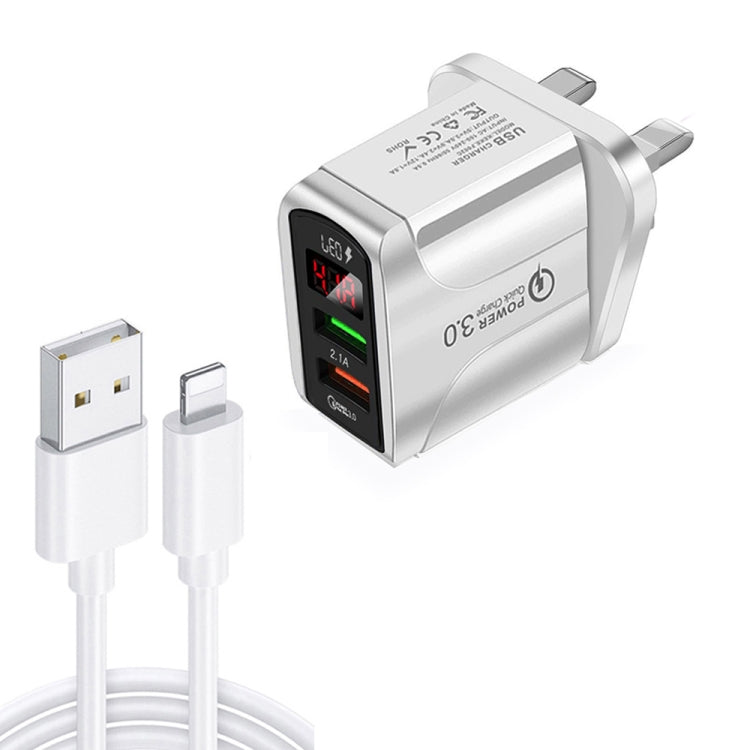 F002C QC3.0 USB + USB 2.0 LED Digital Display Fast Charger with USB to 8 Pin Data Cable, UK Plug(White) - USB Charger by PMC TechLife | Online Shopping South Africa | PMC TechLife | Buy Now Pay Later Mobicred