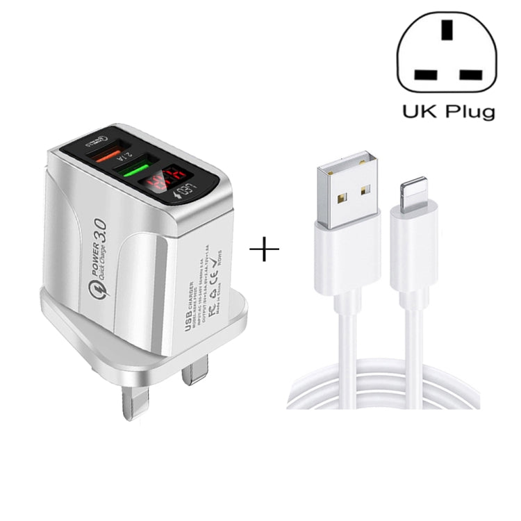 F002C QC3.0 USB + USB 2.0 LED Digital Display Fast Charger with USB to 8 Pin Data Cable, UK Plug(White) - USB Charger by PMC TechLife | Online Shopping South Africa | PMC TechLife | Buy Now Pay Later Mobicred
