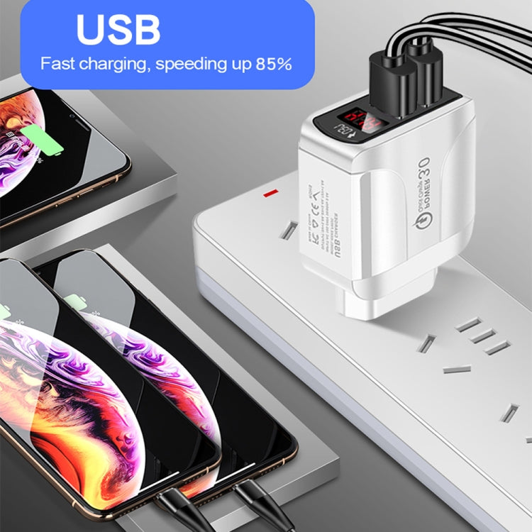 F002C QC3.0 USB + USB 2.0 LED Digital Display Fast Charger with USB to 8 Pin Data Cable, UK Plug(Black) - USB Charger by PMC TechLife | Online Shopping South Africa | PMC TechLife | Buy Now Pay Later Mobicred