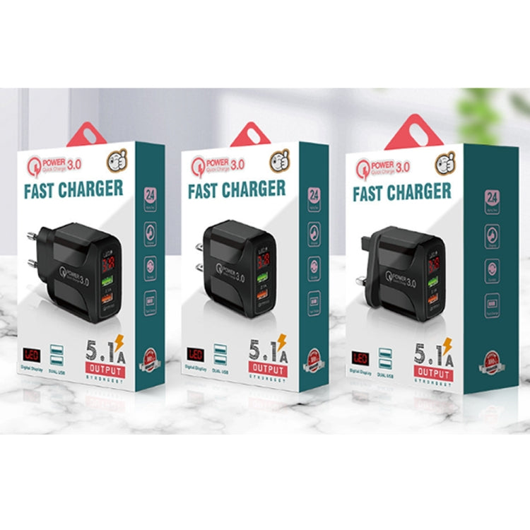 F002C QC3.0 USB + USB 2.0 LED Digital Display Fast Charger with USB to 8 Pin Data Cable, UK Plug(White) - USB Charger by PMC TechLife | Online Shopping South Africa | PMC TechLife | Buy Now Pay Later Mobicred