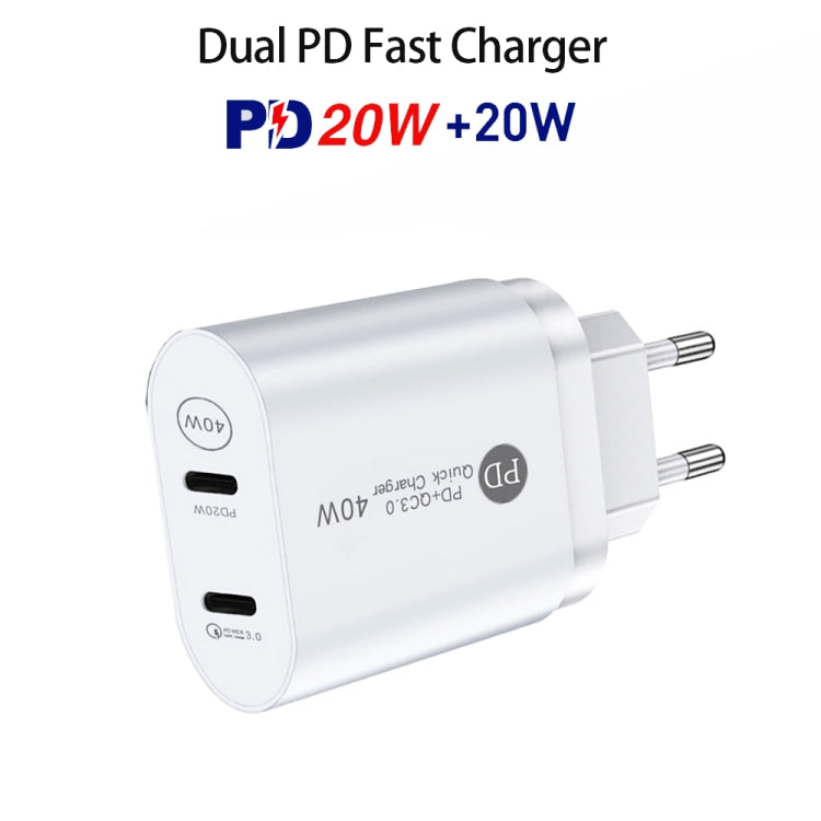 002 40W Dual Port PD / Type-C Fast Charger with USB-C to 8 Pin Data Cable, EU Plug(White) - free shipping - PMC TechLife - Order now!