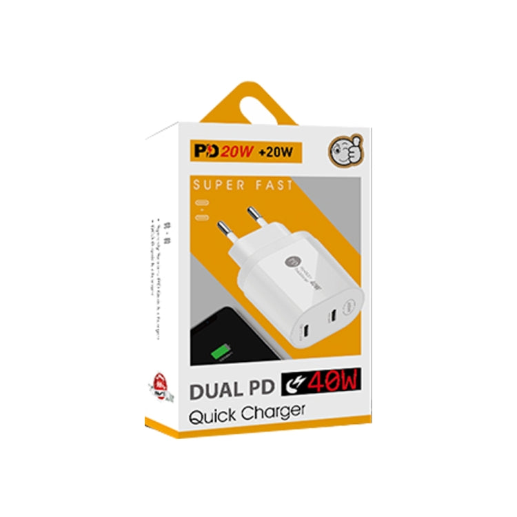 002 40W Dual Port PD / Type-C Fast Charger with USB-C to 8 Pin Data Cable, EU Plug(White) - free shipping - PMC TechLife - Order now!
