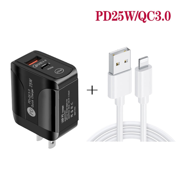 PD25W USB-C / Type-C + QC3.0 USB Dual Ports Fast Charger with USB to 8 Pin Data Cable, US Plug(Black) - USB Charger by PMC TechLife | Online Shopping South Africa | PMC TechLife | Buy Now Pay Later Mobicred