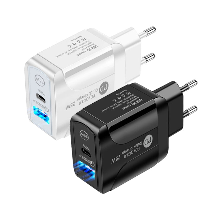 PD25W USB-C / Type-C + QC3.0 USB Dual Ports Fast Charger with USB to 8 Pin Data Cable, EU Plug(Black) - USB Charger by PMC TechLife | Online Shopping South Africa | PMC TechLife | Buy Now Pay Later Mobicred