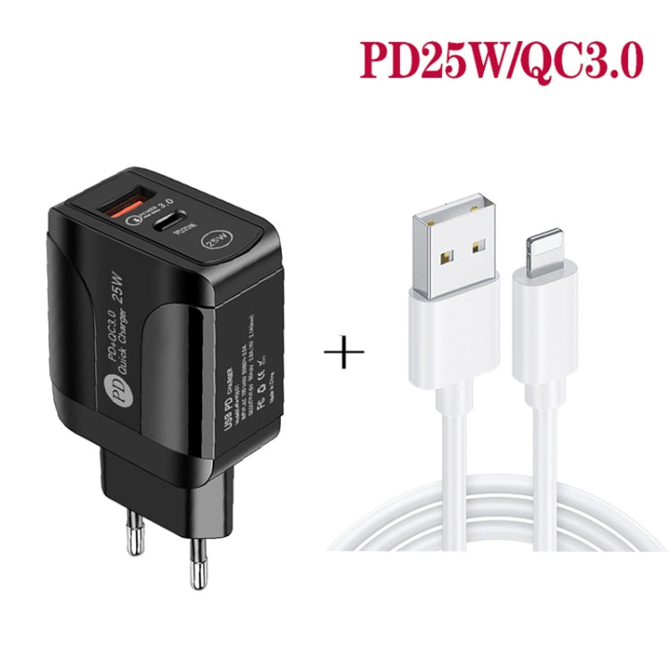 PD25W USB-C / Type-C + QC3.0 USB Dual Ports Fast Charger with USB to 8 Pin Data Cable, EU Plug(Black) - USB Charger by PMC TechLife | Online Shopping South Africa | PMC TechLife | Buy Now Pay Later Mobicred