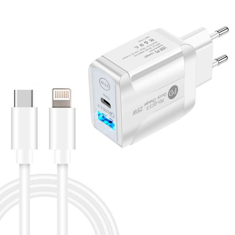 PD25W USB-C / Type-C + QC3.0 USB Dual Ports Fast Charger with USB-C to 8 Pin Data Cable, EU Plug(White) - USB Charger by PMC TechLife | Online Shopping South Africa | PMC TechLife | Buy Now Pay Later Mobicred