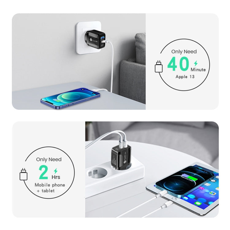 PD25W USB-C / Type-C + QC3.0 USB Dual Ports Fast Charger with USB-C to 8 Pin Data Cable, UK Plug(Black) - USB Charger by PMC TechLife | Online Shopping South Africa | PMC TechLife | Buy Now Pay Later Mobicred