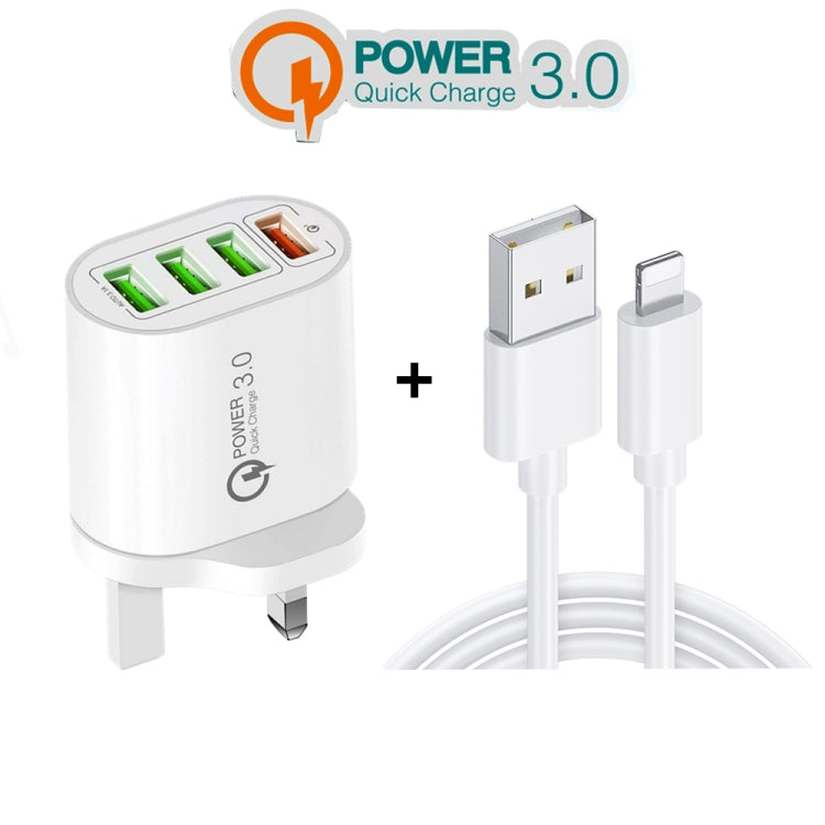 QC-04 QC3.0 + 3 x USB2.0 Multi-ports Charger with 3A USB to 8 Pin Data Cable, UK Plug(White) - USB Charger by PMC TechLife | Online Shopping South Africa | PMC TechLife | Buy Now Pay Later Mobicred