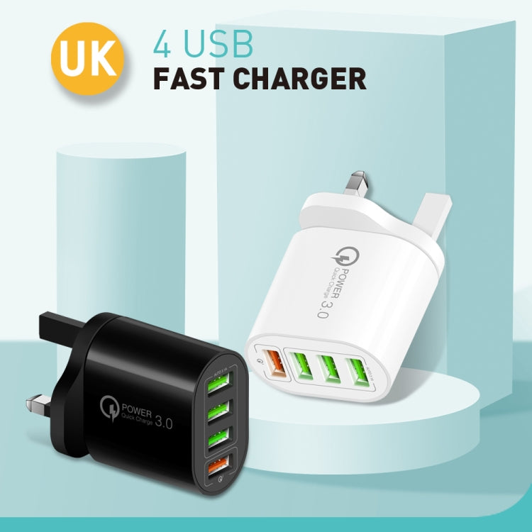 QC-04 QC3.0 + 3 x USB2.0 Multi-ports Charger with 3A USB to 8 Pin Data Cable, UK Plug(White) - USB Charger by PMC TechLife | Online Shopping South Africa | PMC TechLife | Buy Now Pay Later Mobicred
