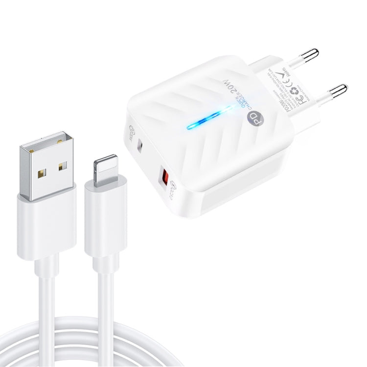 PD03 20W PD3.0 + QC3.0 USB Charger with USB to 8 Pin Data Cable, EU Plug(White) - USB Charger by PMC TechLife | Online Shopping South Africa | PMC TechLife | Buy Now Pay Later Mobicred