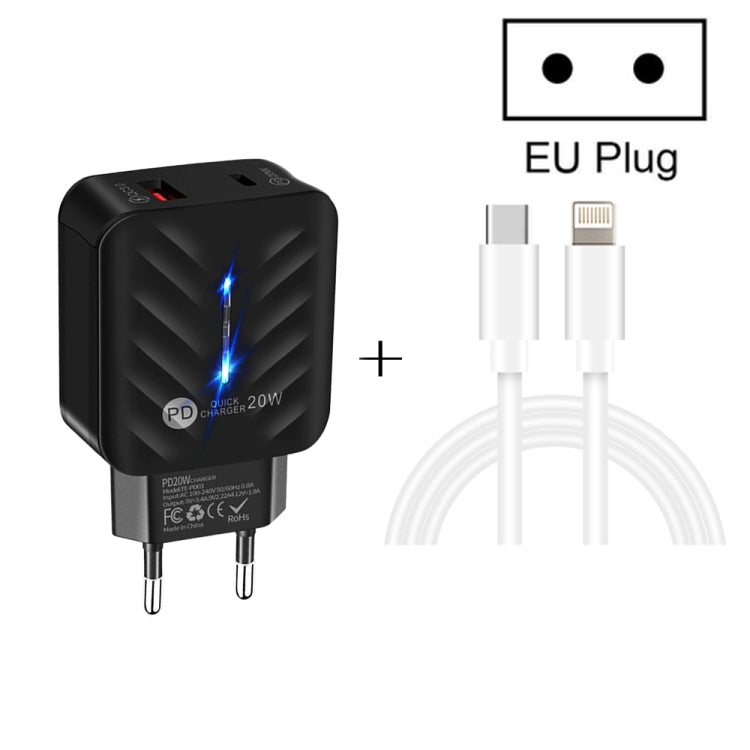 PD03 20W PD3.0 + QC3.0 USB Charger with Type-C to 8 Pin Data Cable, EU Plug(Black) - USB Charger by PMC TechLife | Online Shopping South Africa | PMC TechLife | Buy Now Pay Later Mobicred