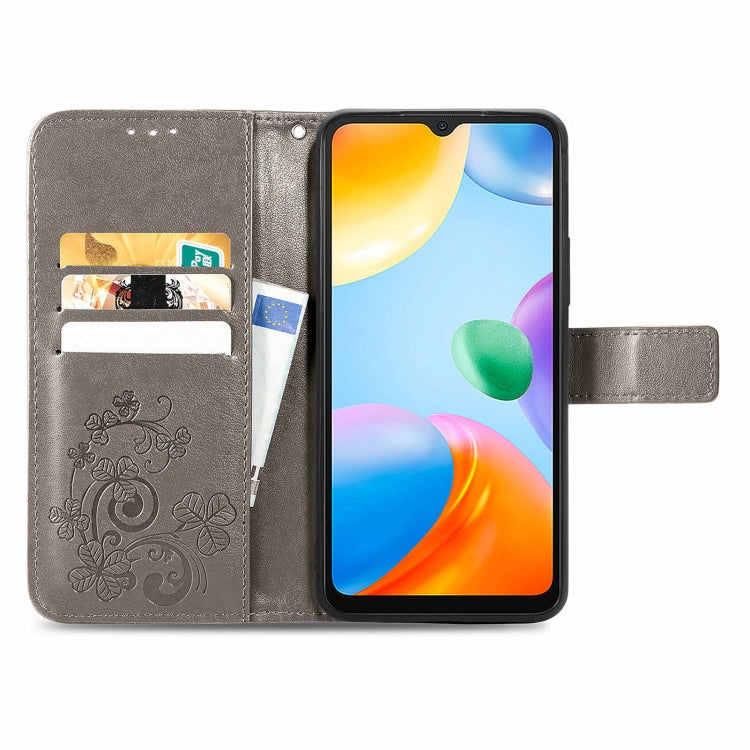 For Xiaomi Redmi 10C Four-leaf Clasp Embossed Buckle Leather Phone Case(Gray) - Xiaomi Cases by PMC TechLife | Online Shopping South Africa | PMC TechLife | Buy Now Pay Later Mobicred