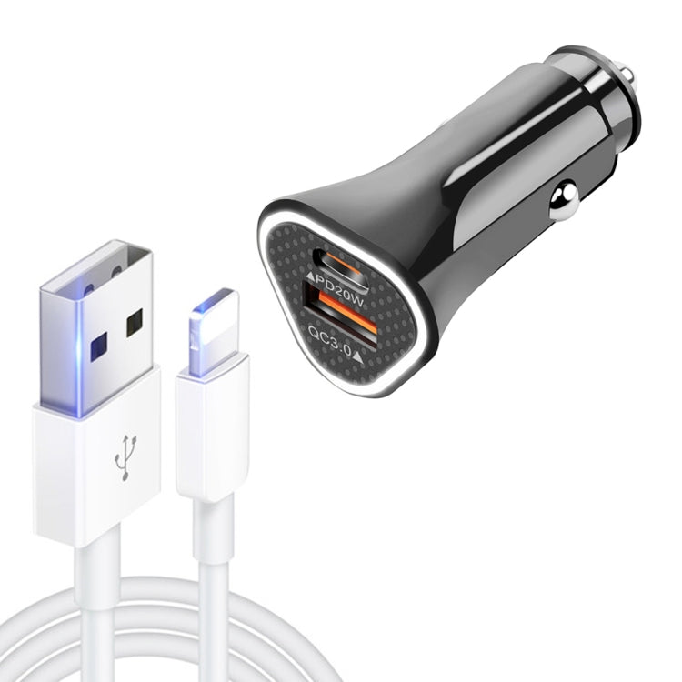 TE-P23 38W PD 20W USB-C / Type-C + QC3. 0 USB Triangle Car Charger + USB to 8 Pin Data Cable, Length: 1m(Black) - Car Charger by PMC TechLife | Online Shopping South Africa | PMC TechLife