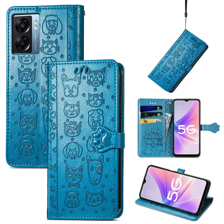 For OPPO A57 5G Cute Cat and Dog Embossed Horizontal Flip Leather Case(Blue) - OPPO Cases by PMC TechLife | Online Shopping South Africa | PMC TechLife | Buy Now Pay Later Mobicred